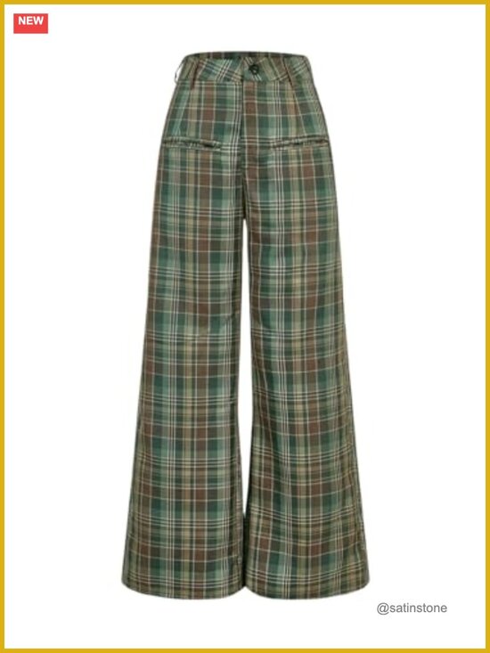 Pants - Y2K Plaid Wide Leg Pants High Waisted Checkered Trousers with Pockets